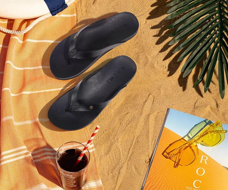 ONCAI Womens Flip Flops For Women Comfortable Leather Strap Yoga Mat Non-Slip Women's Thong Sandal Casual Summer Beach Slippers With Arch Support Black Size 7 - Image 3